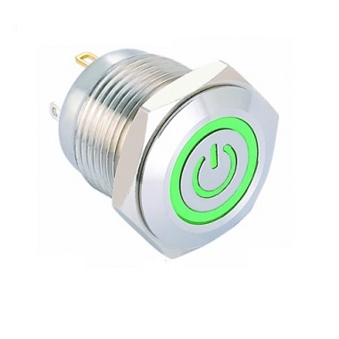 Stainless Steel Push Button Switch Power Symbol LED - 16mm GREEN